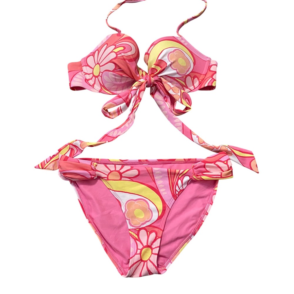 Aerie Bikini Swimsuit Womens 34C Medium Pink Floral Retro Psychedelic Two‎ Piece
